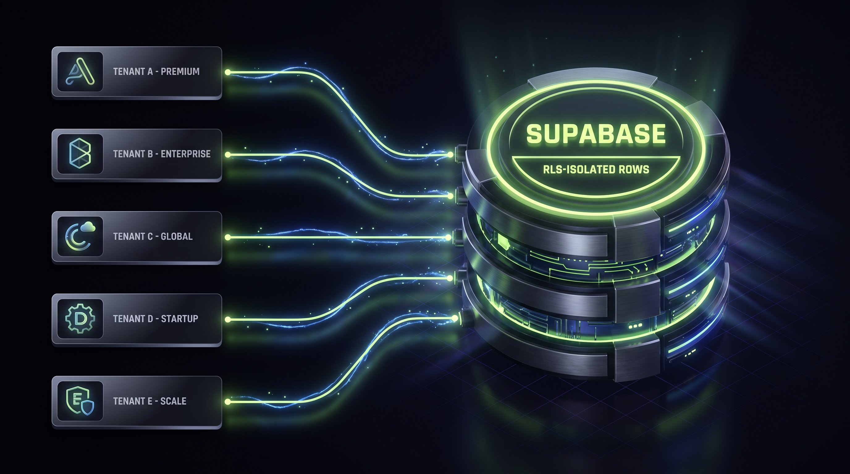 Multi-tenant SaaS architecture: 5 client tenants (Premium, Enterprise, Global, Startup, Scale) connected to a single Supabase database with RLS-isolated rows